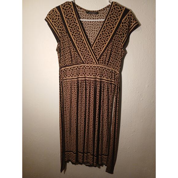 City Triangles Brown Geometric Print Dress | V-Neck Cap Sleeve Stretchy A-Line - Picture 1 of 6
